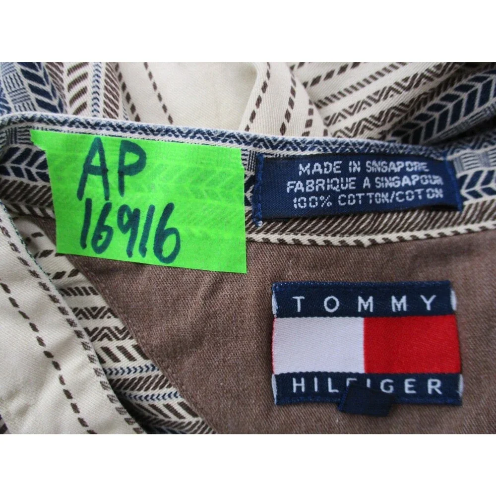 VINTAGE Tommy Hilfiger Shirt Men Medium Beige Herringbone Crest Button Up 90s - Picture 12 of 12